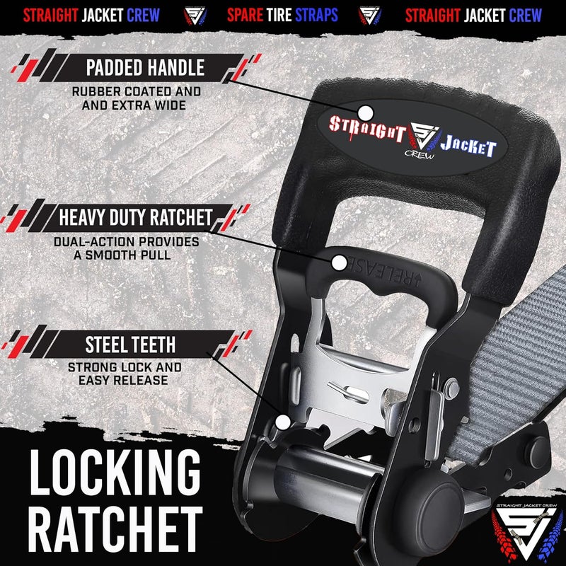 Straight Jacket Crew Y Strap for Spare Tire - Heavy Duty Spare Tire Strap 3 Point Ratchet for UTV, Offroad Accessories or Roof Rack | 1.6" Wide 3 Way Strap Can Secure Up to 40" Tire by (Grey) - Image 2